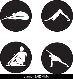 Yoga Asanas Symbole gesetzt. Paschimottanasana, Adho Mukha Svanasana, Ardha Matsyendrasana, utthita parsvakonasana Yoga Positionen. Vektor weisse Silhouetten Stock Vektor