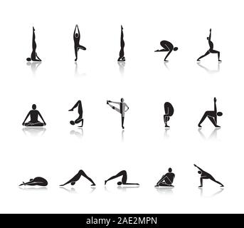 Yoga Asanas Schatten schwarze Symbole gesetzt. Sarvangasana, halasana, bakasana, uttanasana, siddhasana, vrikshasana, vrishchikasana Yoga Positionen. Isolieren Stock Vektor