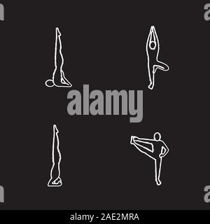 Yoga Asanas chalk Symbole gesetzt. Salamba Sarvangasana, vrikshasana, sirsasana, utthita Hasta padangusthasana Yoga Positionen. Isolierte vektor Schiefertafel il Stock Vektor