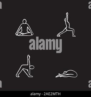 Yoga Asanas chalk Symbole gesetzt. Siddhasana, virabhadrasana, trikonasana, paschimottasana Yoga Positionen. Isolierte vektor Tafel Abbildungen Stock Vektor