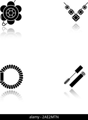Women's Zubehör Schatten schwarze Symbole gesetzt. Brosche, Kette, Haar scrunchy, Mascara. Isolierte Vektorgrafiken Stock Vektor