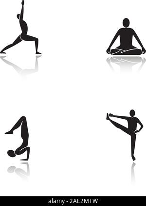 Yoga Asanas Schatten schwarze Symbole gesetzt. Virabhadrasana, siddhasana, vrishchikasana, utthita Hasta padangusthasana Yoga Positionen. Isolierte Vektor krank Stock Vektor