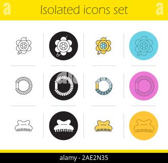 Zubehör Symbole der Frauen gesetzt. Linear, Schwarz und Farbe. Brosche, Haare, Krallen scrunchy Clip. Isolierte Vektorgrafiken Stock Vektor