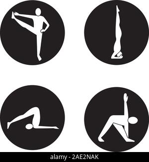 Yoga Asanas Symbole gesetzt. Salamba Utthita hasta padangusthasana, sirsasana, halasana, trikonasana Yoga Positionen. Vektor weisse Silhouetten Abbildungen Stock Vektor
