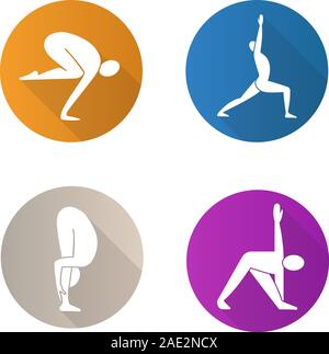 Yoga Asanas flache Bauweise lange Schatten Symbole gesetzt. Bakasana, virabhadrasana, uttanasana, trikonasana Yoga Positionen. Vektor silhouette Abbildung Stock Vektor