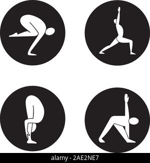 Yoga Asanas Symbole gesetzt. Bakasana, virabhadrasana, uttanasana, trikonasana Yoga Positionen. Vektor weisse Silhouetten Abbildungen in schwarzen Kreisen Stock Vektor