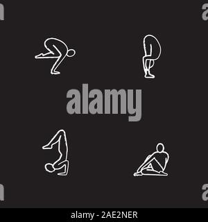 Yoga Asanas chalk Symbole gesetzt. Bakasana, uttanasana, vrishchikasana, Ardha Matsyendrasana Yoga Positionen. Isolierte vektor Tafel Abbildungen Stock Vektor