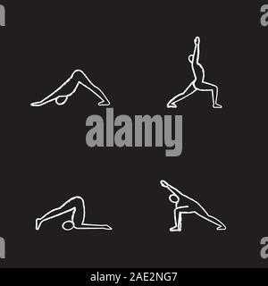 Yoga Asanas chalk Symbole gesetzt. Halasana, Adho Mukha Svanasana, virabhadrasana, utthita parsvakonasana Yoga Positionen. Isolierte vektor Schiefertafel illustr Stock Vektor