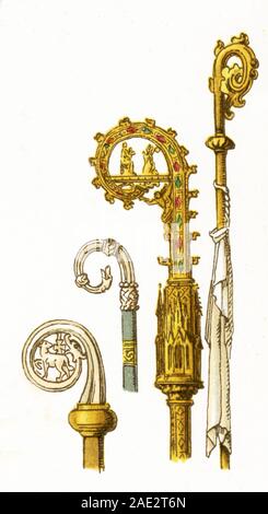 In diesem Bild gezeigt werden eine Vielzahl von croziers an die christliche Kirche. Sie sind, von links nach rechts: Crozier aus dem 11. Jahrhundert, Crozier aus dem 12. Jahrhundert, zwei croziers aus dem 14. Jahrhundert. Die Abbildung stammt aus dem Jahre 1882. Stockfoto