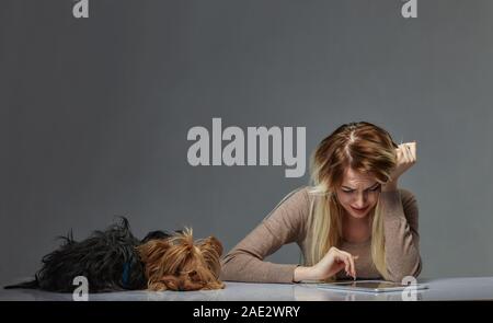 Frau mit Hund, die unter Stress leiden Stockfoto