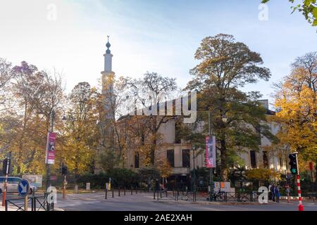 Brüssel, Belgien, 10. November 2019: Die Große Moschee von Brüssel in der nord-westlichen Ecke des Cinquantenaire Park, auf einem sonnigen Herbst da Stockfoto