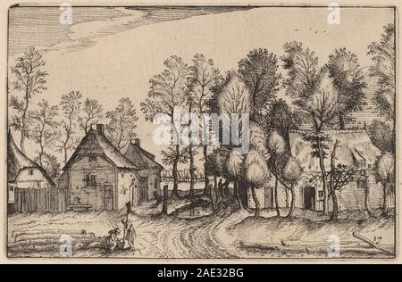 Gravur mit einer ländlichen Landschaft mit Fällen und behauenen Bäumen, erstellt von Claes Jansz Visscher nach den Doetechum-Künstlern und dem Meister der kleinen Landschaften, veröffentlicht 1612. Stockfoto