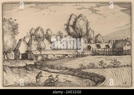 Gravur einer Straße, die neben einem offenen Feld in einer ländlichen Landschaft verläuft, produziert von Claes Jansz Visscher nach den Doetechum-Künstlern und dem Meister der kleinen Landschaften, veröffentlicht 1612. Stockfoto