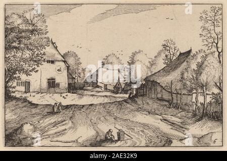 Gravur eines gasthauses, das als Swann's Inn identifiziert wurde, von Claes Jansz Visscher nach den Doetechum-Künstlern und dem Meister der kleinen Landschaften erstellt wurde, und zeigt ein Gebäude innerhalb einer ländlichen Siedlung, das 1612 veröffentlicht wurde. Stockfoto