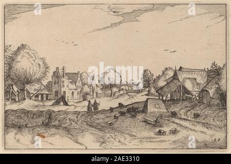 Gravur einer Dorfstraße mit angrenzenden Hütten, Bäumen und offenem Land, erstellt von Claes Jansz Visscher nach den Doetechum-Künstlern und dem Meister der kleinen Landschaften, veröffentlicht 1612. Stockfoto