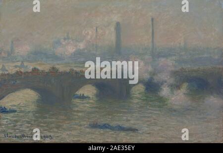 Ein Gemälde von Claude Monet aus dem Jahr 1903, das die Waterloo Bridge in London unter bewölkten Bedingungen darstellt und impressionistische Techniken, atmosphärische Effekte und städtische Landschaftselemente hervorhebt. Stockfoto