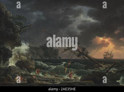 Claude-Joseph Vernets Gemälde zeigt ein dramatisches Schiffswrack mit turbulenten Meeren, kämpfenden Seeleuten und zerbrochenen Schiffen unter stürmischem Himmel, was die Gefahr der Seefahrt und die menschliche Verwundbarkeit veranschaulicht. Stockfoto