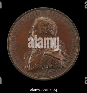 Darstellung von Georg III., König von Großbritannien, 1738–1820, von Conrad Heinrich Küchler 1800 geschaffen, mit dem Profil des Königs und königlichen Attributen auf einer Münze oder Medaille. Stockfoto