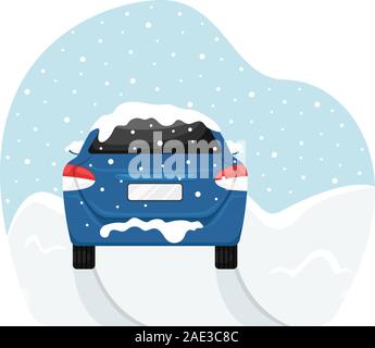 Das Auto erhielt während einem Schneefall in einer schneeverwehung stecken. Flache Vector Illustration. Stock Vektor