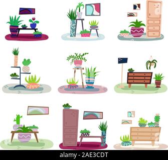 Satz von Hand - Flachbild Interieur mit Zimmerpflanzen gezeichnet. Stock Vektor