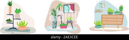 Satz von Hand - Flachbild Interieur mit Zimmerpflanzen gezeichnet. Stock Vektor