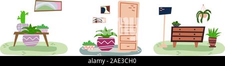 Satz von Hand - Flachbild Interieur mit Zimmerpflanzen gezeichnet. Stock Vektor
