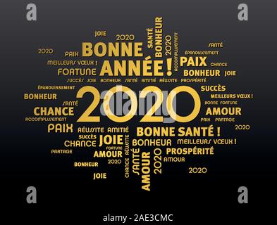 Gold gruss Worte rund um das Neue Jahr: 2020, in französischer Sprache, auf schwarzem Hintergrund Stock Vektor