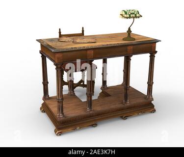 Alte hölzerne Schreibtisch mit alte Lampe auf soliden Hintergrund 3d Illustration Stockfoto