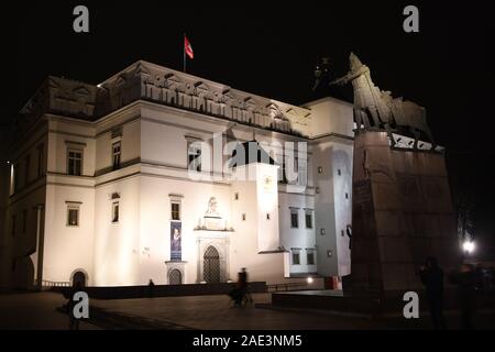 Gediminas statue am Cathedral Square in Vilnius mit Palast der Großfürsten von Litauen über Hintergrund, Nacht Stockfoto