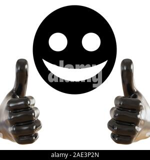 Schwarze Figur der eine Hand mit einem Hervorstehenden Daumen hoch auf Schwarz rundes Gesicht mit einem Lächeln auf isolierten Hintergrund und. 3D-Rendering Stockfoto