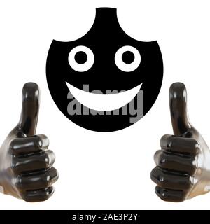 Schwarze Figur der eine Hand mit einem Hervorstehenden Daumen hoch auf Schwarz rundes Gesicht mit einem Lächeln auf isolierten Hintergrund und. 3D-Rendering Stockfoto