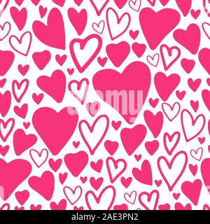 Nahtlose Muster mit rosa Herzen auf weißem Hintergrund. Valentinstag Banner. Cute Vector Illustration. Umrisse doodle Template Design wallp Stock Vektor