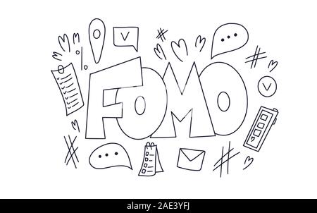 FOMO Abkürzung text Emblem auf weißem Hintergrund. Moderne soziale Angst Akronym. Angst vor fehlenden Konzept. Vector Illustration Stock Vektor