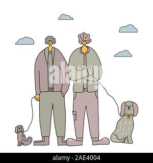 Hundewiesen Konzept. Zwei lächelnde Jungen stehen mit ihren Haustieren. Junge Personen hält die Hunde an die Leine. Vector Illustration in doodle Stil. Stock Vektor