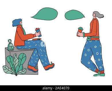 Kaffeepause. Zwei Mädchen mit Kaffeetassen. Vector Illustration. Stock Vektor