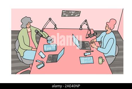 Podcast Konzept. Zwei Frauen haben ein Gespräch in einem Studio Menschen Aufnahme eine neue Podcast Episode zusammen. Vektor illustartion. Stock Vektor