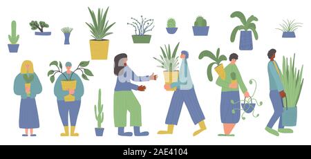 Indoor Pflanzen Liebhaber. Die verschiedenen menschlichen Zeichen von Topfpflanzen Haus Pflanzen umgeben. Gruppe von Menschen mit Home Blumen auf weißem Hintergrund Stock Vektor
