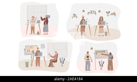 Satz von Szenen im Büro. Verschiedene Menschen zusammen arbeiten. Brainstorming, Business meetimg, Routinearbeiten, Zielsetzung. Vektor Flachbild cartoon Farbe illu Stock Vektor