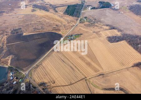 Luftbild der Maisernte in ländlichen, Northwest Dane County, Wisconsin, USA. Stockfoto