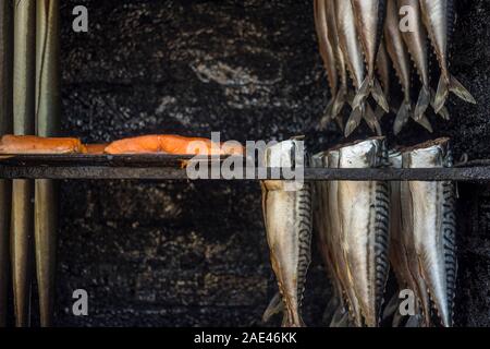 Fisch ist in ein Raucher, Mielno, Polen 2019 geraucht. Stockfoto