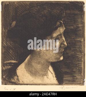 Albert Besnards „Woman in Full Profile“ aus dem Jahr 1892 zeigt ein weibliches Motiv in einem strengen Seitenprofil, das Gesichtszüge, Frisuren und Kleidung betont. Das Porträt zeigt Besnards Interesse an formaler Komposition, realistischer Darstellung und dem Studium von Licht und Schatten auf der Figur. Stockfoto