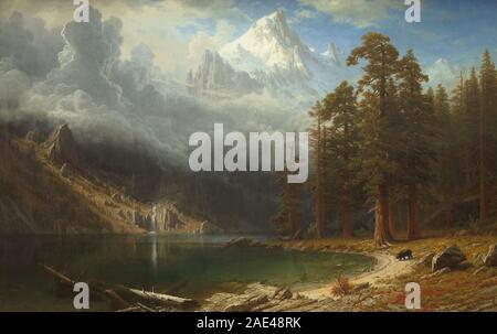 Ein Landschaftsgemälde von Albert Bierstadt um 1876-1877, das den Corcoran darstellt. Das Kunstwerk betont bergiges Gelände, natürliche Landschaften, atmosphärische Effekte und Techniken der amerikanischen westlichen Landschaftsmalerei aus dem späten 19. Jahrhundert. Stockfoto