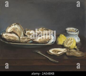 Gemälde von Edouard Manet aus dem Jahr 1862, das Austern auf einem Teller zeigt und Texturen, Farben, Arrangements und Stillleben hervorhebt, die typisch für den Stil der Mitte des 19. Jahrhunderts sind. Stockfoto