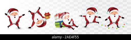 Sammlung von Weihnachten Little Santa Clause auf transperent Hintergrund isoliert. Santa Clouse mit Geschenk präsentieren. Icon Set. Vector Illustration Stock Vektor