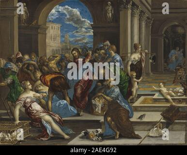 Ein Gemälde von El Greco, das wahrscheinlich vor 1570 entstanden ist und Christus darstellt, der Händler aus dem Tempel treibt. Das Werk zeichnet sich durch dramatische Gesten, langgezogene Figuren und intensive Farbgebung aus, die für El Grecos Stil charakteristisch ist. Stockfoto