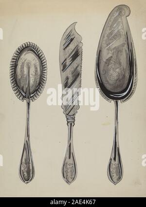 Ein silbernes Servierset, das um 1936 von Ellen Duncan kreiert wurde, einschließlich Utensilien und Servierstücken aus poliertem Silber, entworfen für formelle Dinner-Anlässe. Stockfoto