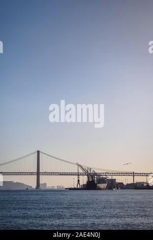 Möwe das Fliegen über die Ponte 25 de Abril Suspension Bridge am Hafen von Lissabon in der Morgendämmerung Stockfoto