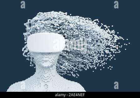 Pixelated Frau mit Virtual Reality Brillen und einem 3D-Pixel wie Haare auf blauem Hintergrund