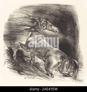 Ein Gemälde von Eugène Delacroix aus dem Jahr 1828, das ein wildes Pferd darstellt, das aus dem Wasser auftaucht. Das Kunstwerk betont Tieranatomie, Bewegung, naturalistische Umgebung und dynamische Komposition. Stockfoto