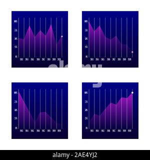 Satz von Graphen von Wachstum und Fallen auf einem blauen Hintergrund. line business Schaubilder mit Leistung und Umsatz Stock Vektor